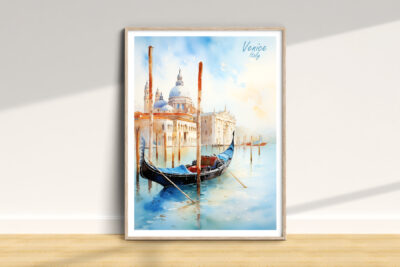 Venice gondola painting in wooden frame on wall.