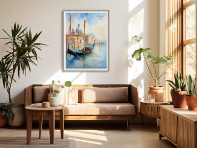 Cozy living room with Venice painting and plants