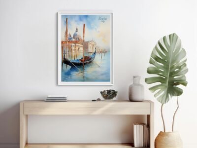 Framed Venice painting above minimalist console table