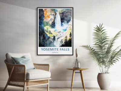 Yosemite Falls poster in modern living room.