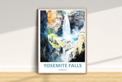 Watercolor painting of Yosemite Falls, framed.