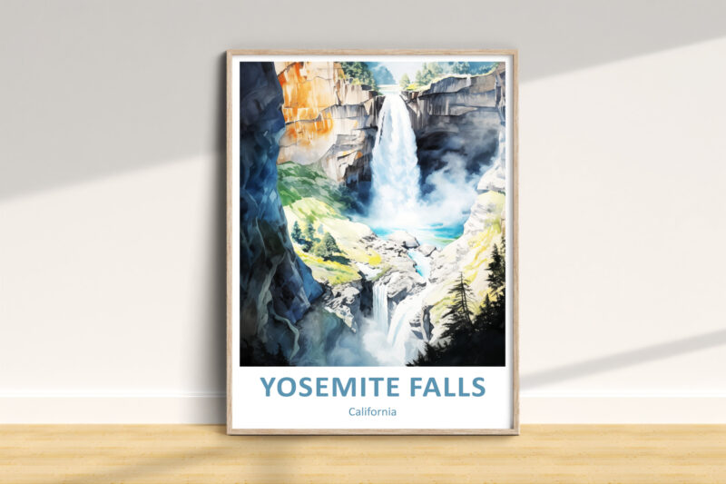 Watercolor painting of Yosemite Falls, framed.