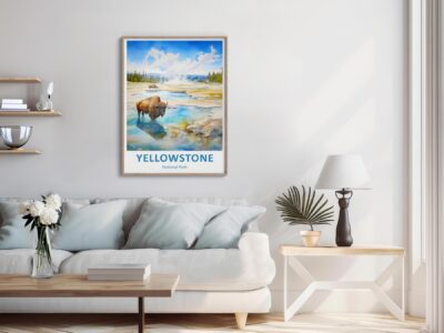 Modern living room with Yellowstone poster on wall.