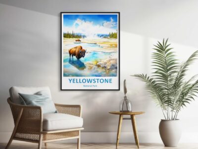 Living room with Yellowstone bison artwork on wall.