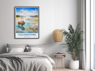 Yellowstone poster in modern bedroom decor.