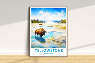 Yellowstone poster featuring bison in colorful landscape.
