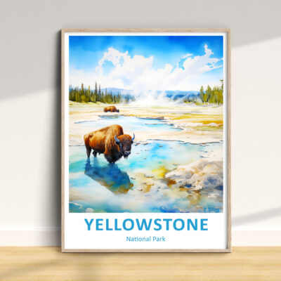 Yellowstone poster featuring bison in colorful landscape.