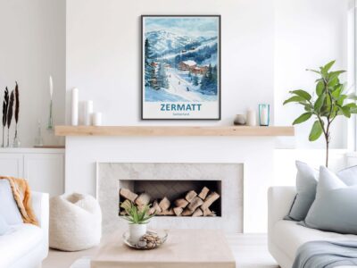 Cozy living room with Zermatt poster above fireplace.