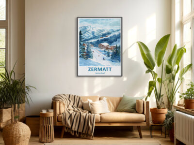 Cozy living room with Zermatt Switzerland poster.