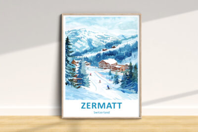Zermatt Switzerland winter mountain landscape illustration.