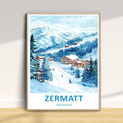 Zermatt Switzerland winter mountain landscape illustration.