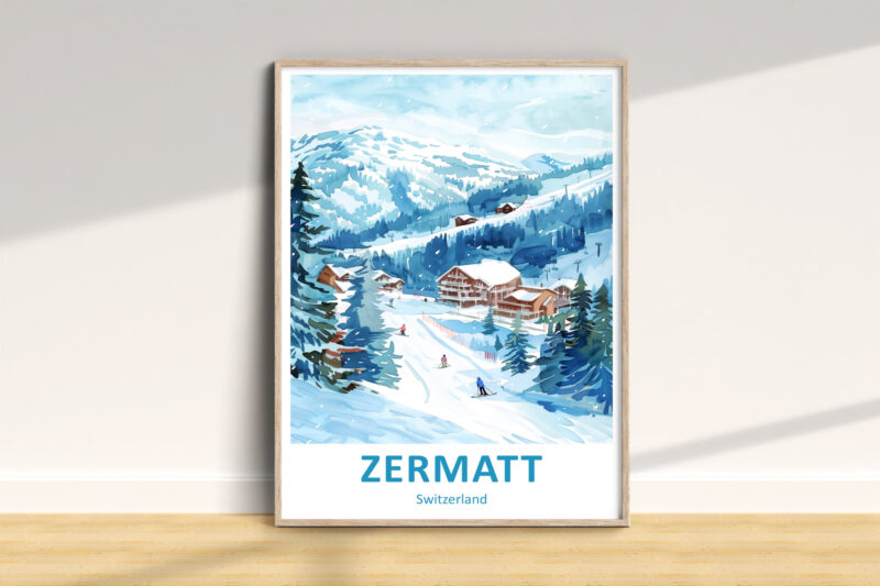 Zermatt Switzerland winter mountain landscape illustration.