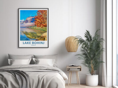 Bedroom with framed Lake Bohinj artwork on wall.