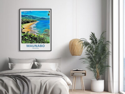 Cozy bedroom with Maunabo poster on wall.