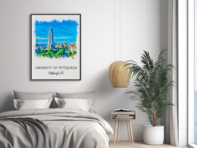 Bedroom with University of Pittsburgh wall art.