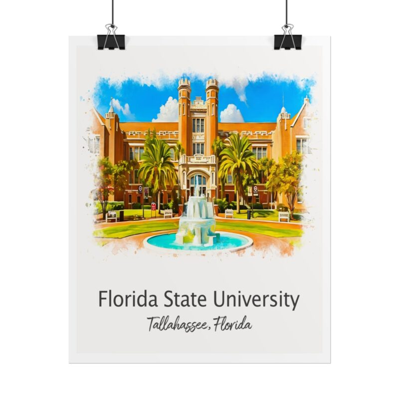 Florida State University entrance with fountain and palm trees.