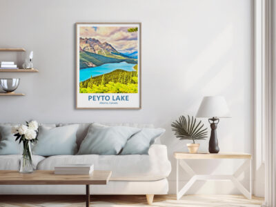 Modern living room with Peyto Lake poster