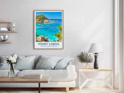 Framed Point Lobos poster in stylish living room.