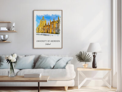 Modern living room with University of Aberdeen artwork.