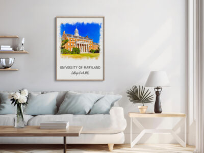 University of Maryland poster in modern living room.