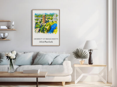 Modern living room with University of Massachusetts artwork.