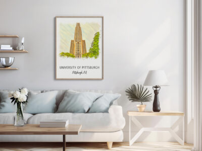 Living room with University of Pittsburgh poster