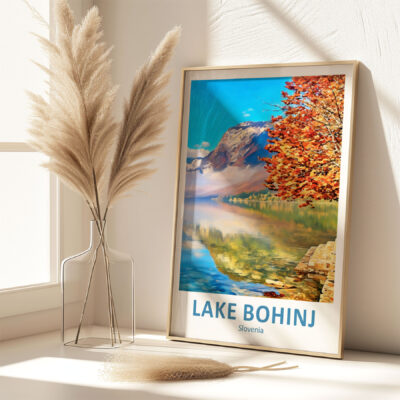 Lake Bohinj autumn poster on shelf with pampas grass.