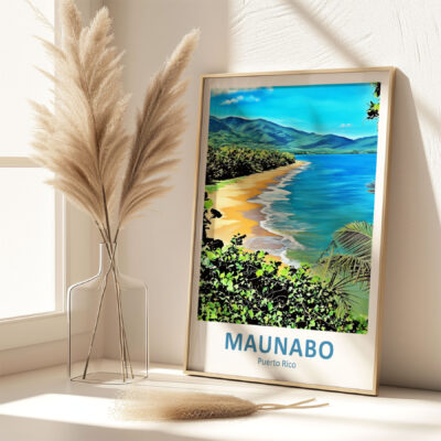 Framed Maunabo Puerto Rico beach poster on shelf.