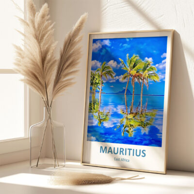 Mauritius poster with palm trees and tropical scenery.
