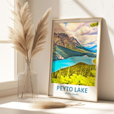 Framed Peyto Lake photo with pampas grass decor.