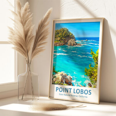 Framed Point Lobos poster beside pampas grass vase.