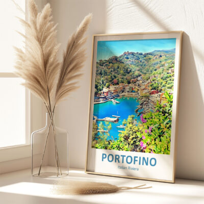 Portofino art poster next to decorative pampas grass.