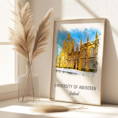 University of Aberdeen building artwork in frame.