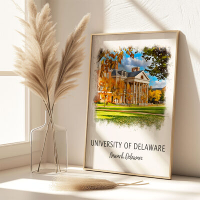 University of Delaware framed painting on sunny shelf.