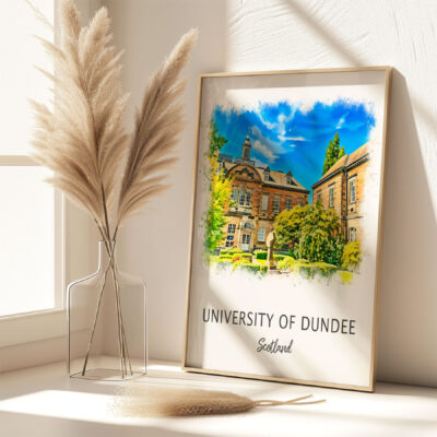 Framed University of Dundee poster on sunny windowsill.