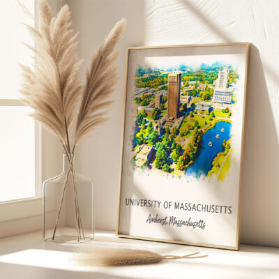 Framed University of Massachusetts aerial campus art.