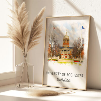 Framed University of Rochester artwork on table.