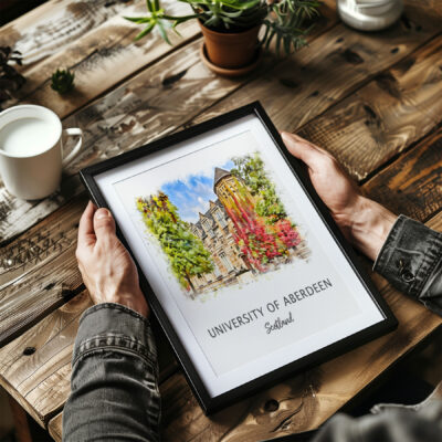 Framed University of Aberdeen artwork on rustic table.