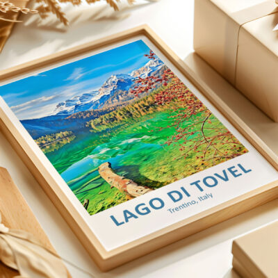 Framed Lago di Tovel painting, Trentino, Italy scenery.