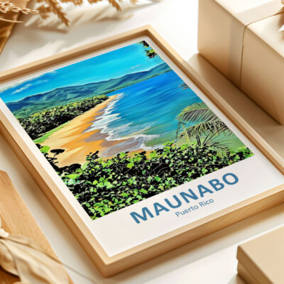 Framed illustration of Maunabo, Puerto Rico beach scene.