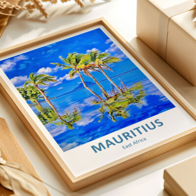 Mauritius beach with palm trees and sea reflection.