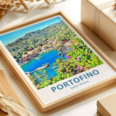 Portofino Italian Riviera poster with coastal illustration.