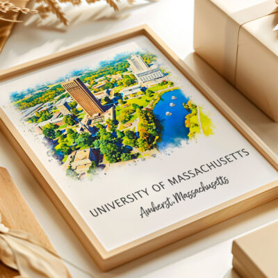 University of Massachusetts framed aerial campus illustration.