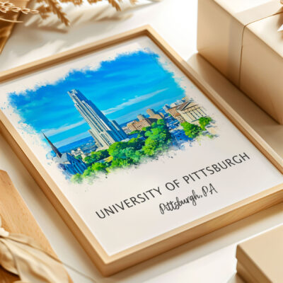 Framed University of Pittsburgh watercolor artwork.