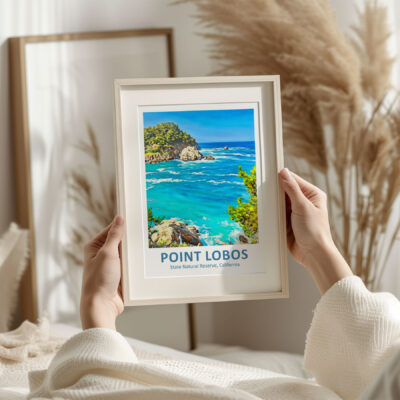 Hands holding Point Lobos framed artwork.