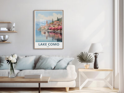 Modern living room with Lake Como art.
