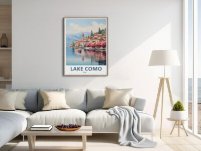 Cozy living room with Lake Como artwork.