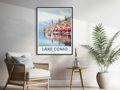 Lake Como poster above seating area and plant.
