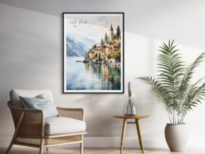 Living room with Lake Garda Italy poster.