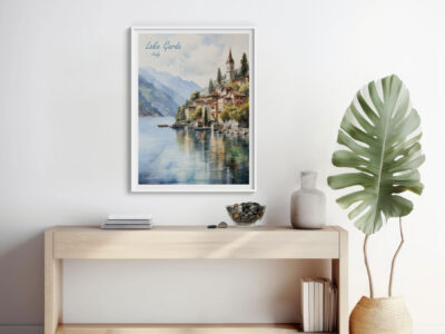 Lake Garda framed art above wooden console table.